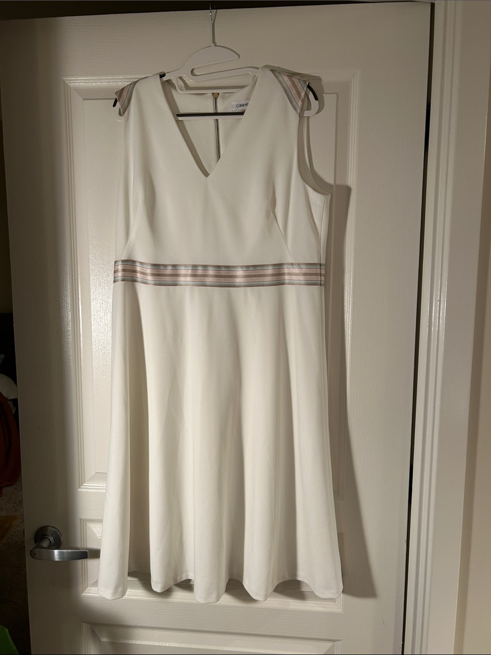 Elegant White V-Neck Sleeveless Calvin Klein Dress with Pastel Striped Waist